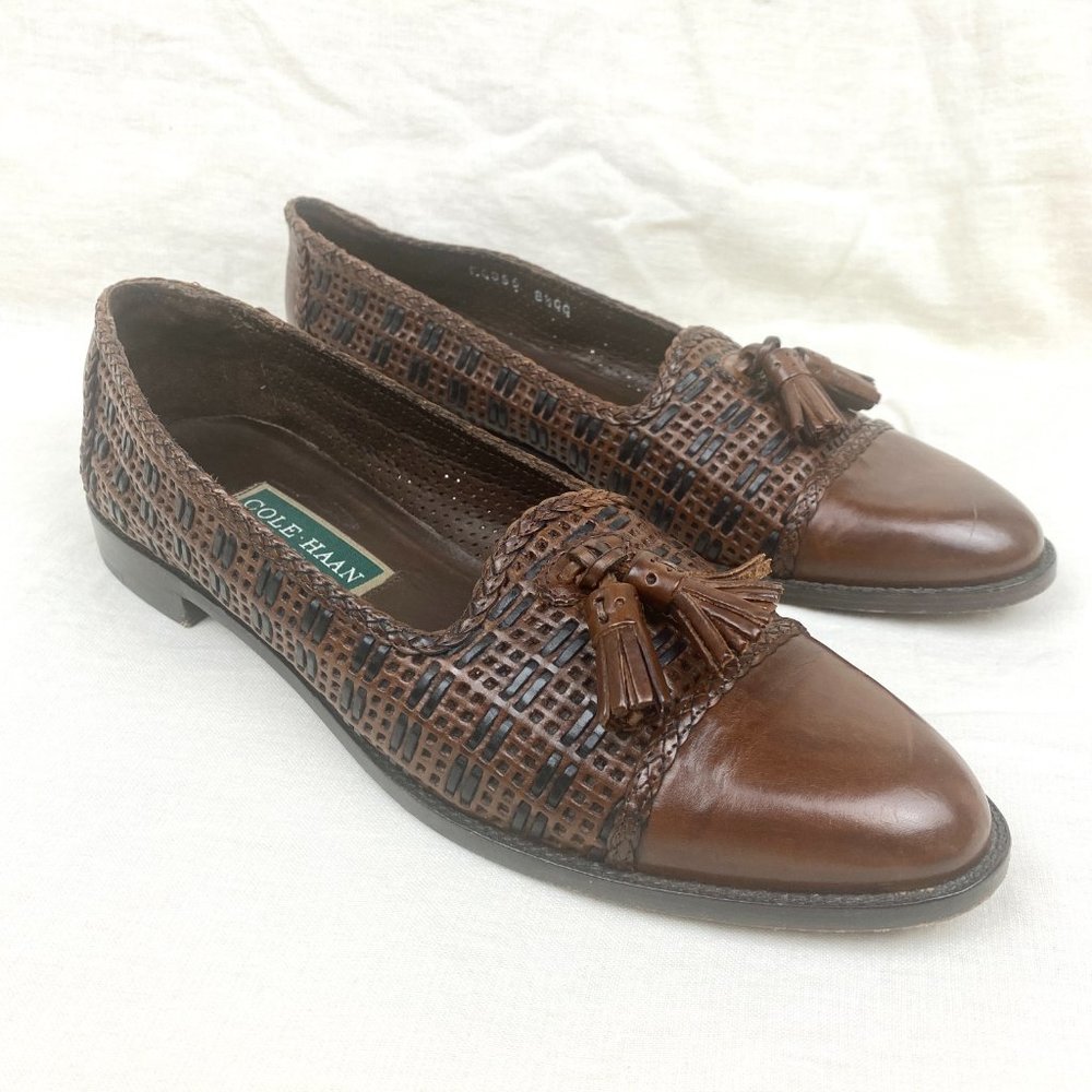 Vintage Cole Haan Woven Tassel Leather Brown Pointed Flats Loafers 8.5AA Narrow